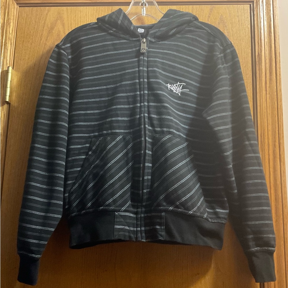 Kids Rusty Long Sleeve Zippered Striped Black Hoodie with Logo and Pockets